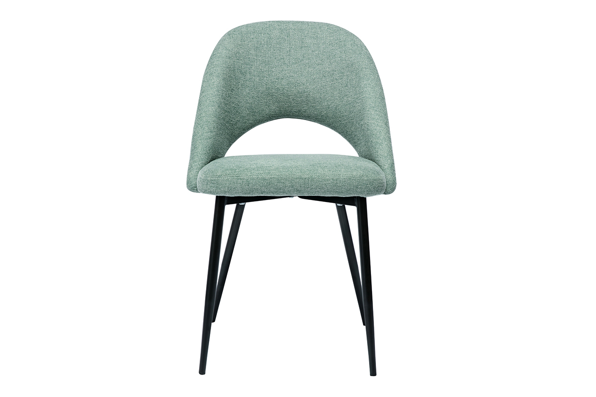 Chaise en tissu vert c�ladon et pieds en m�tal noir, vue de face.