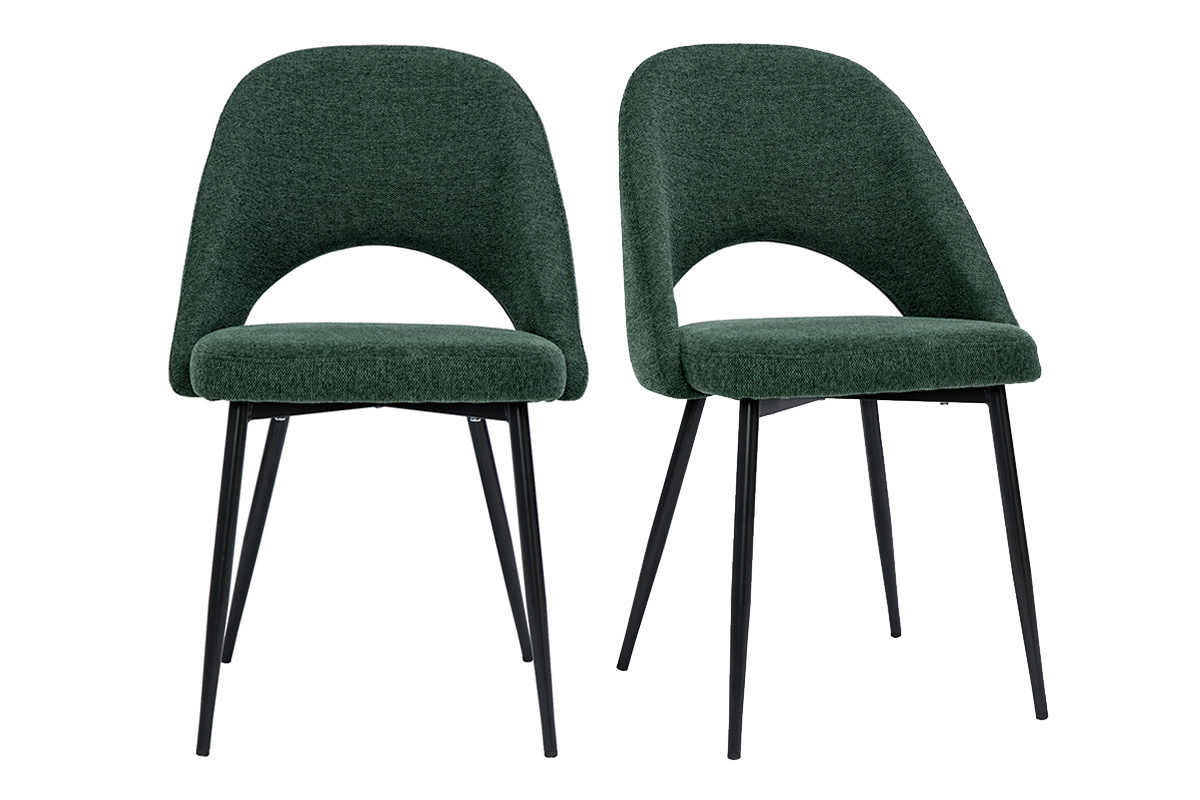 Deux chaises vertes en tissu effet velours avec pieds en m�tal noir, vue de face.