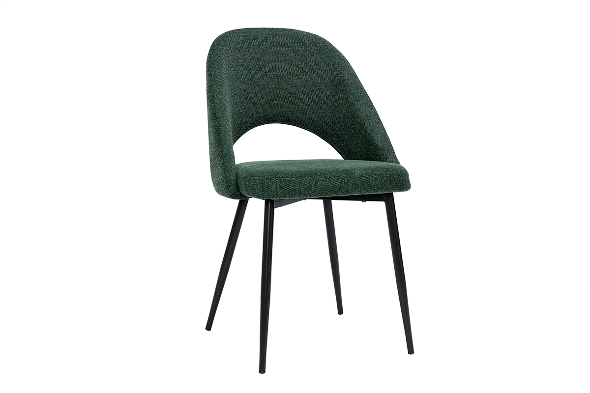 Chaise en tissu velours vert et m�tal noir, vue de 3/4.