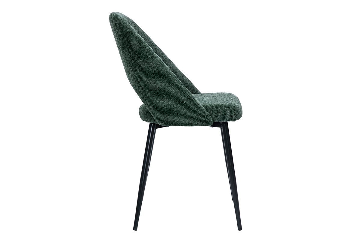 Chaise en tissu velours vert vue de profil avec pieds en m�tal noir.