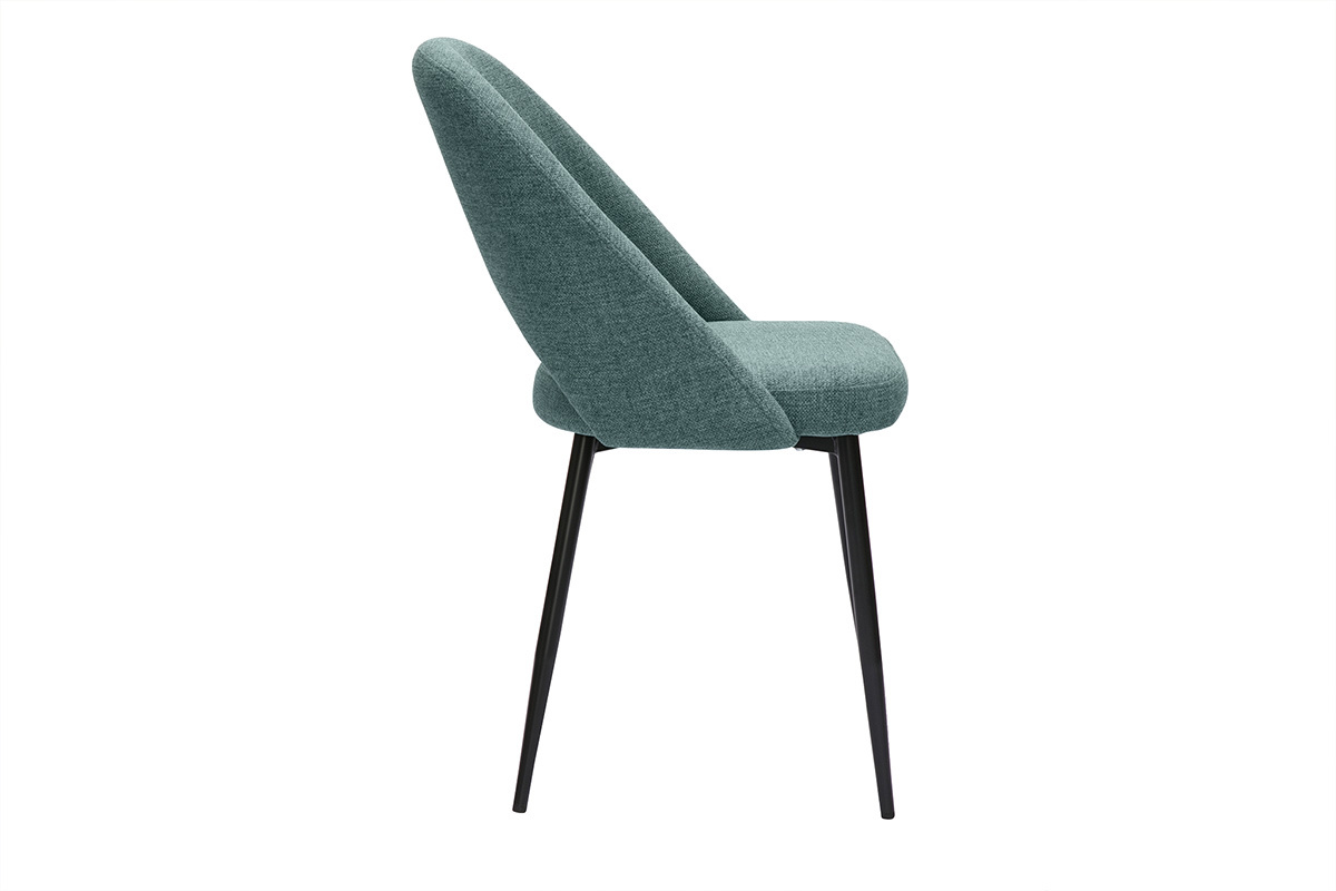 Chaise vintage en tissu vert de gris, vue de c�t�, pieds en m�tal noir fusel�s.