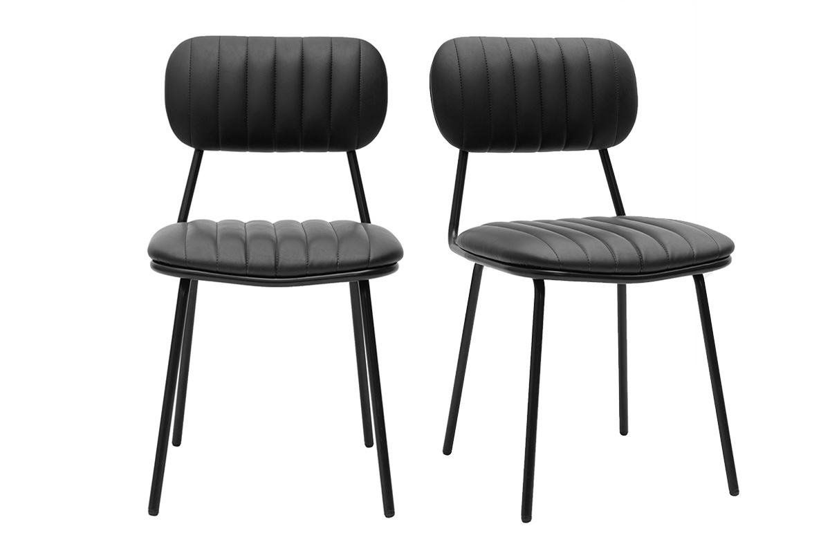 Lot de 2 chaises vintages noires GALWAY, vue de face, design �pur� avec dossier et assise rembourr�s.