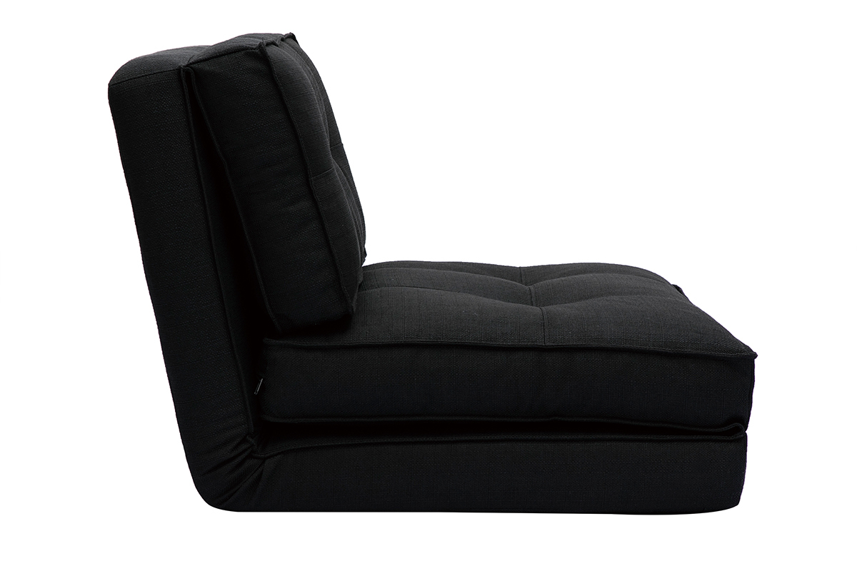 Chauffeuse convertible en tissu noir vue de profil, coussins capitonn�s.