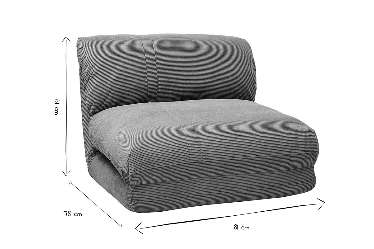 Chauffeuse 1 place convertible en tissu velours c�tel� gris clair SPENCER
