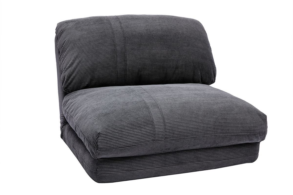 Chauffeuse 1 place convertible en tissu velours c�tel� gris fonc�, vue de 3/4.