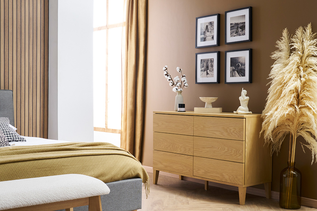 Commode en bois clair ch�ne 6 tiroirs L120 cm FREDDY