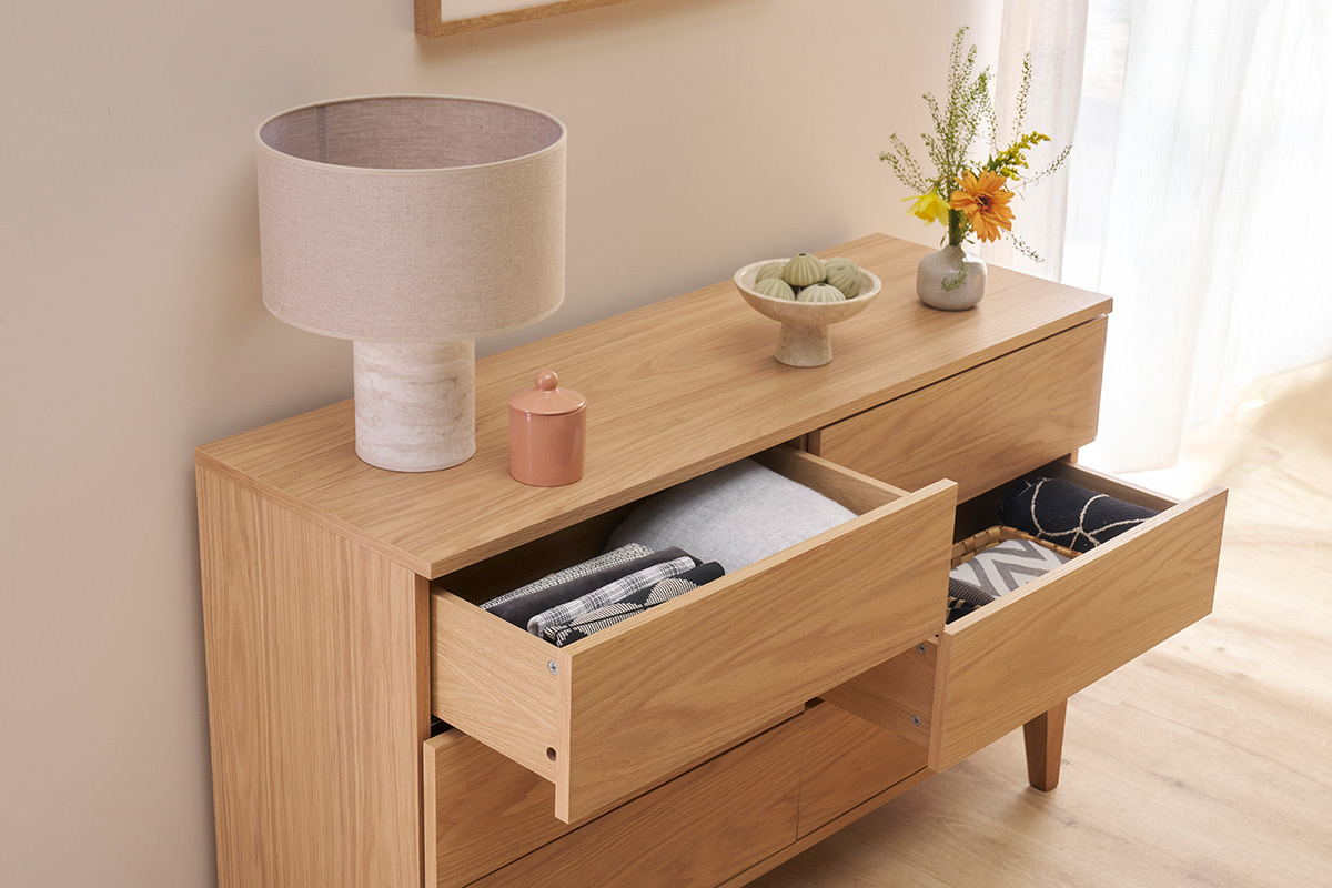 Commode en bois clair ch�ne 6 tiroirs L120 cm FREDDY