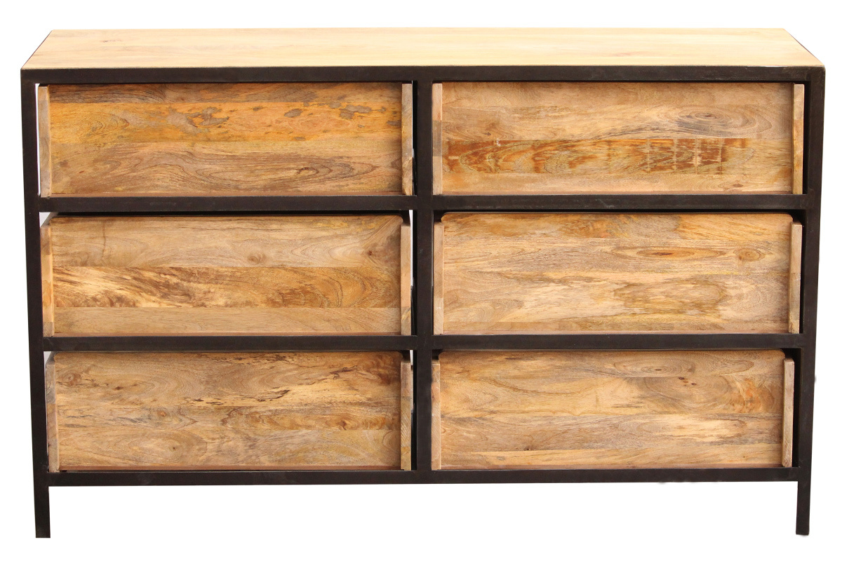 Commode industrielle en bois de manguier massif et m�tal noir, 6 tiroirs, vue de dos.