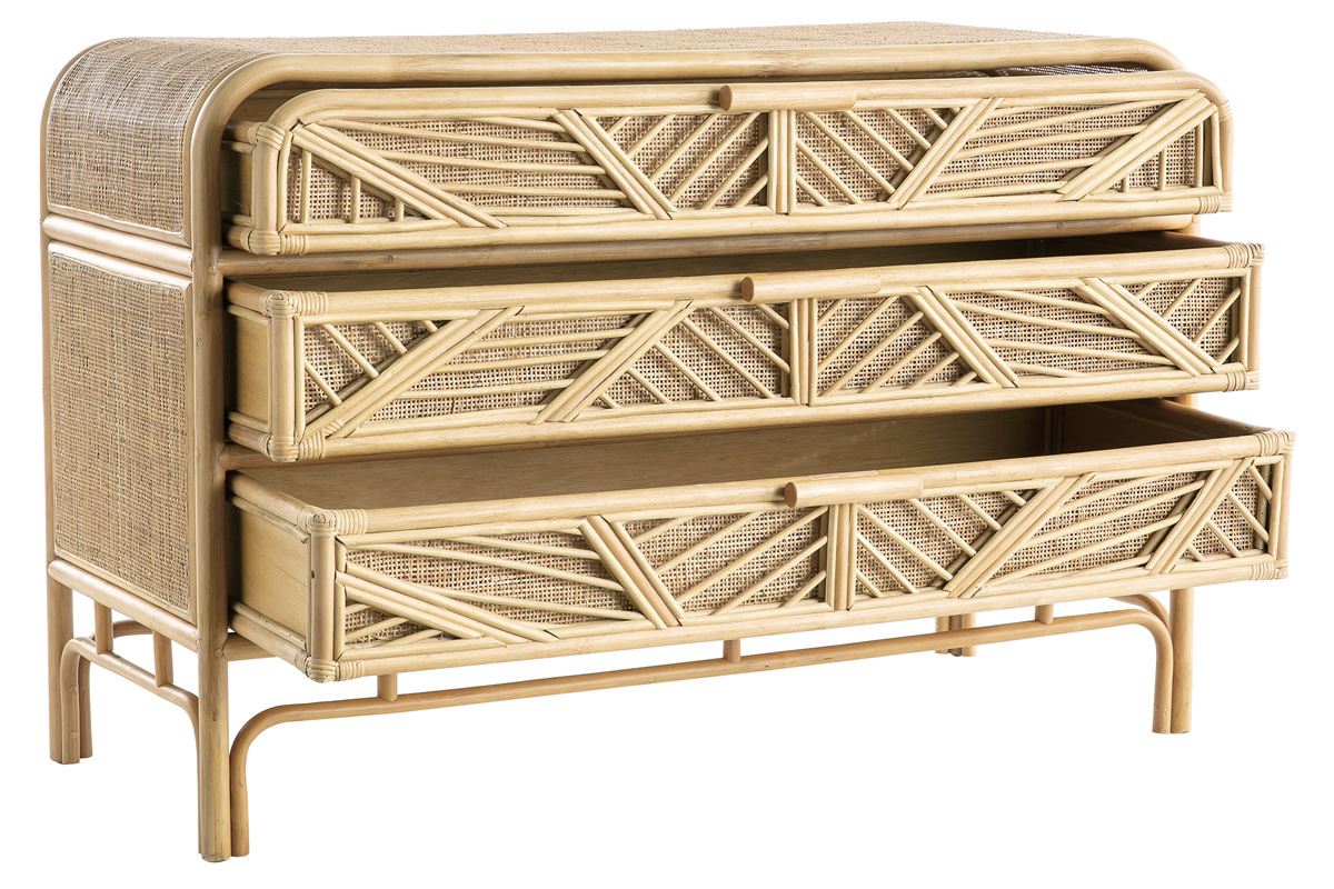 Commode vintage en rotin GALON avec 3 tiroirs ouverts en vue 3/4.