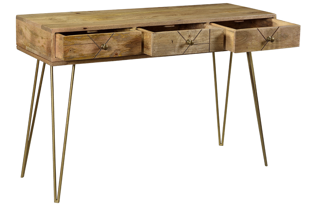 Console avec rangements 3 tiroirs en bois manguier massif grav� et m�tal dor� L120 cm LINIUM
