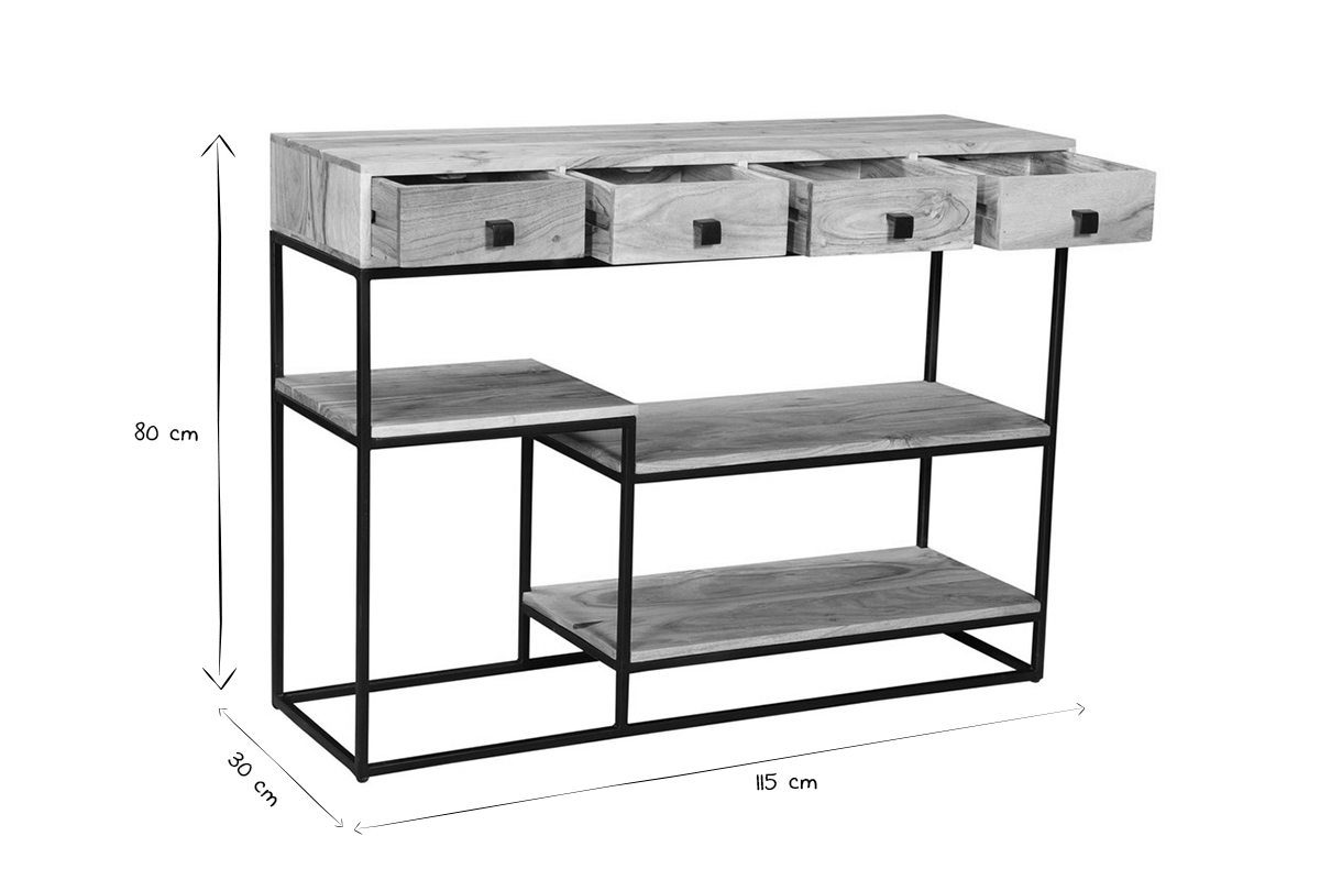 Console industrielle avec dimensions L115xP30xH80 cm en noir et blanc, 4 tiroirs ouverts.