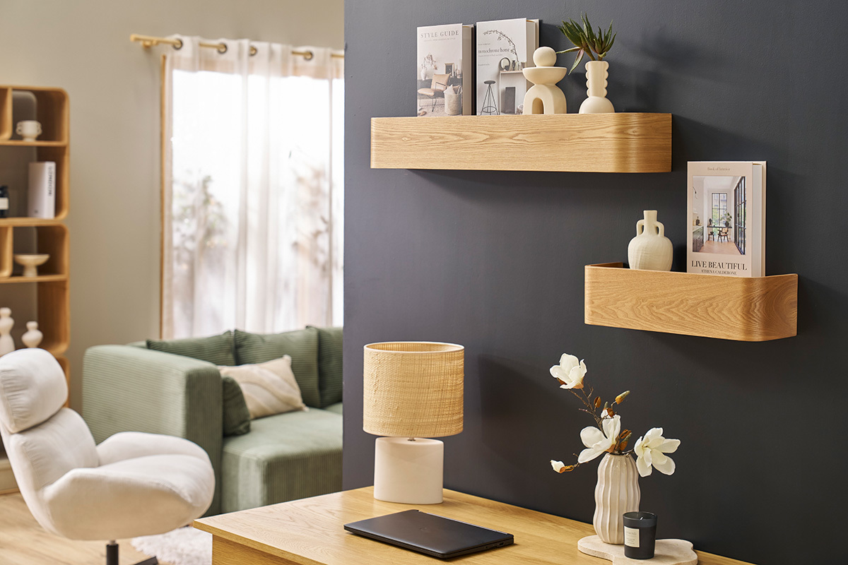 Etag�re murale bois clair fr�ne L90 cm HOPE