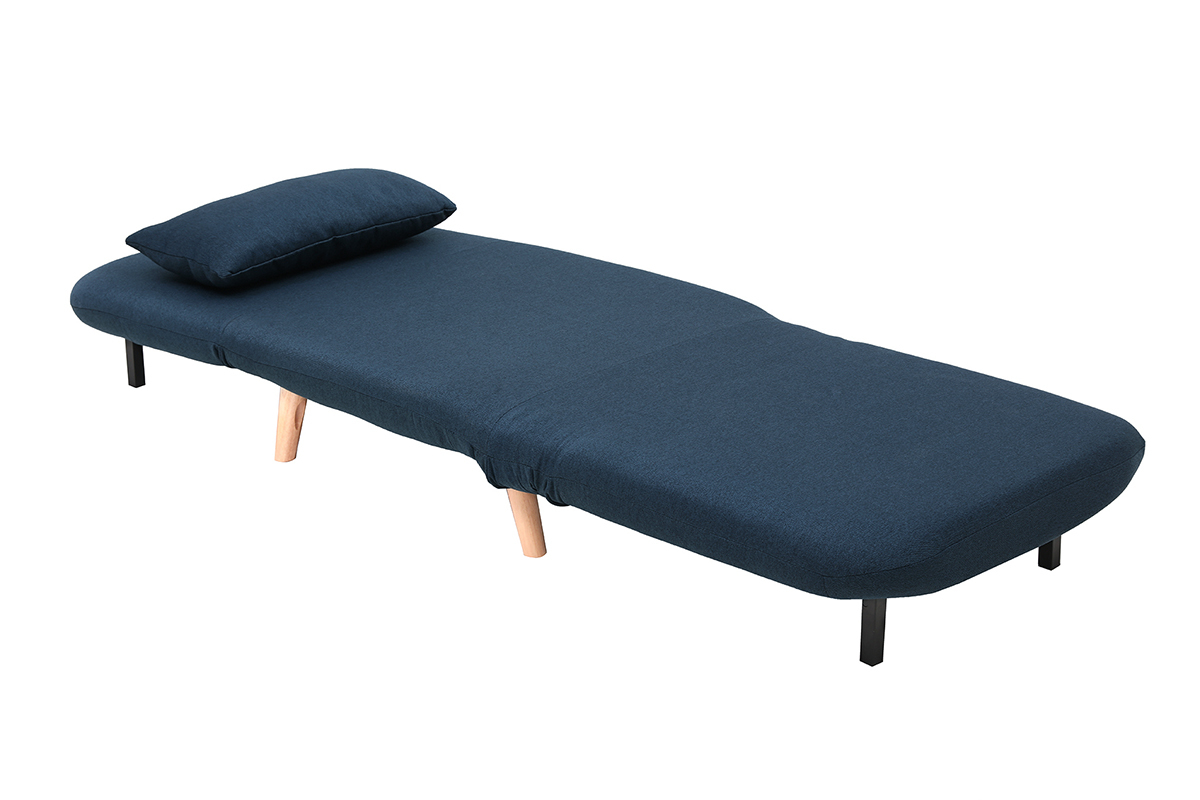 Fauteuil convertible AMIKO en tissu bleu fonc� d�pli� avec pieds en bois clair, vue de dessus.