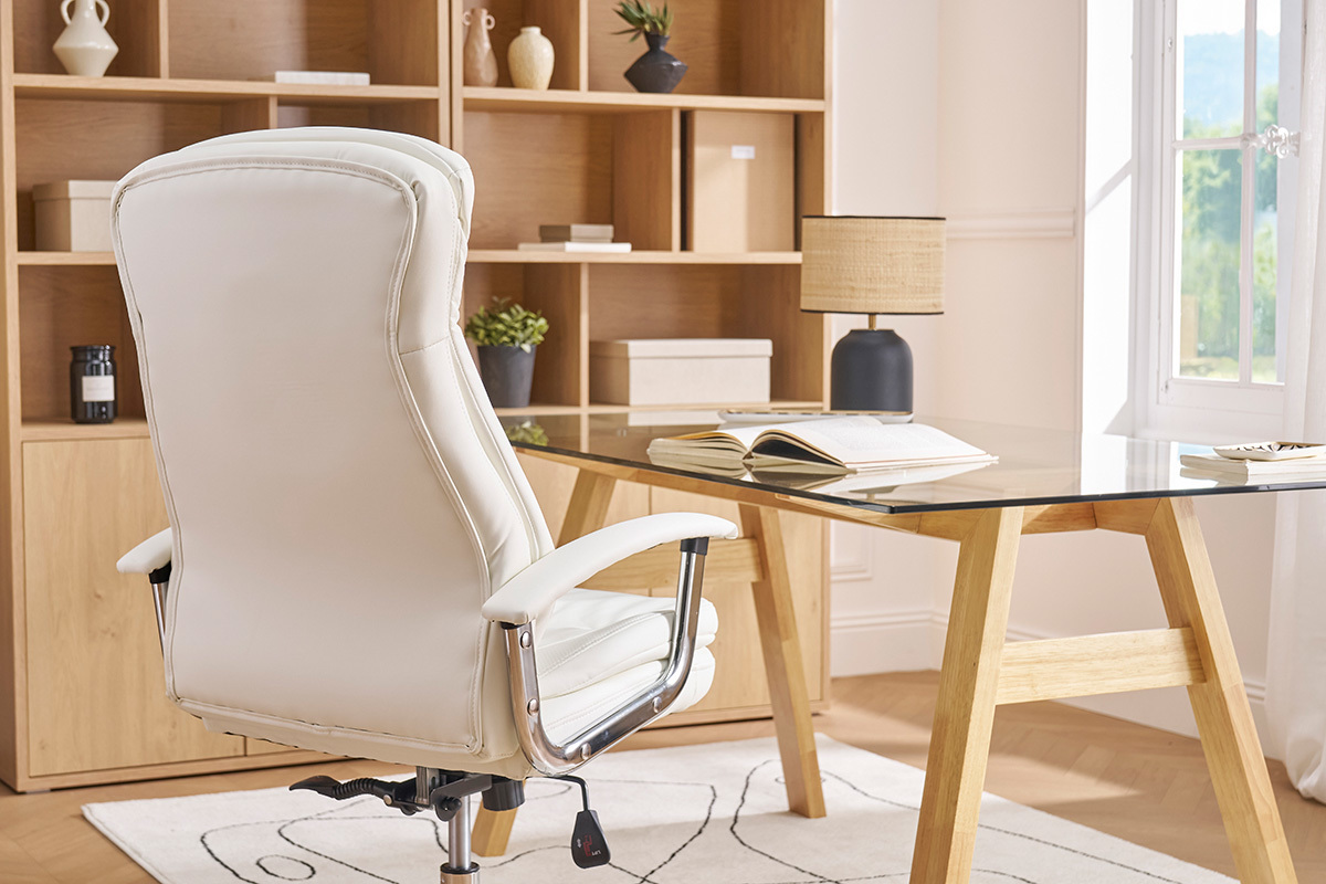 Fauteuil de bureau � roulettes design blanc et acier chrom� WALL STREET