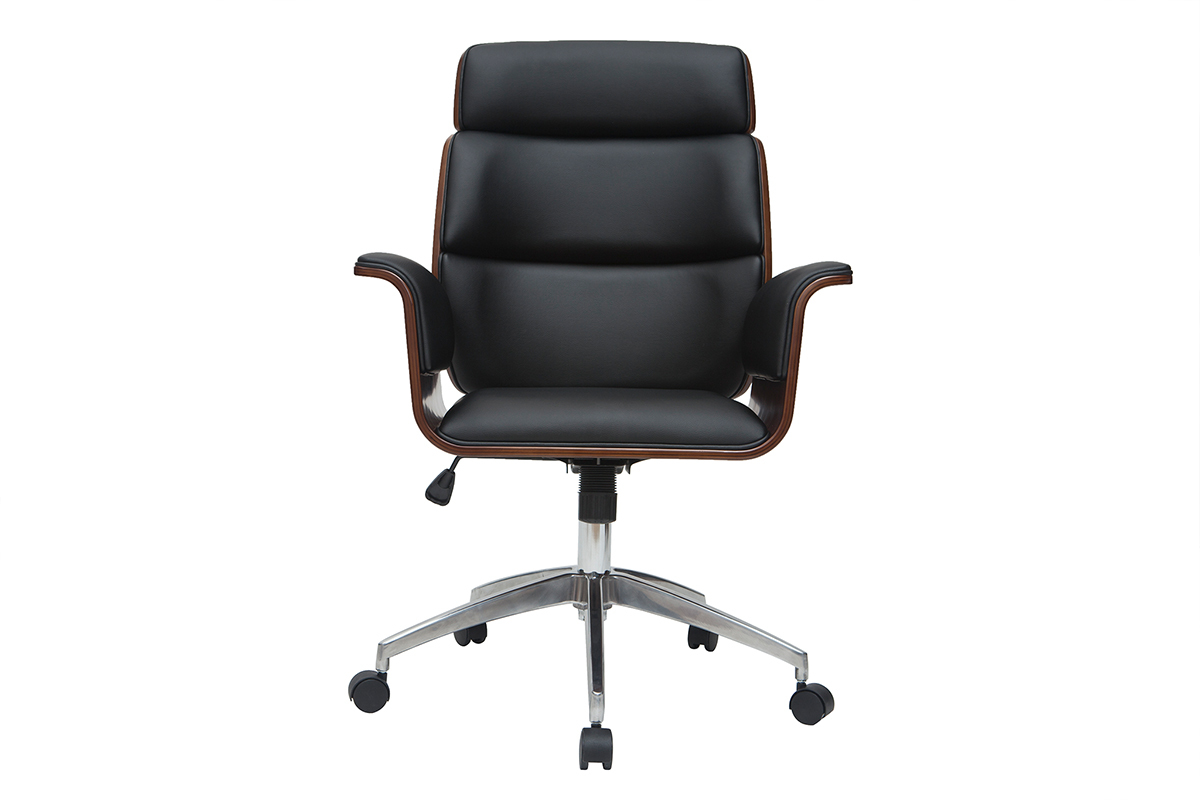 Fauteuil de bureau � roulettes design noir, bois fonc� noyer et acier chrom� ELON
