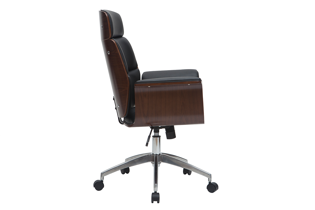 Fauteuil de bureau � roulettes design noir, bois fonc� noyer et acier chrom� ELON