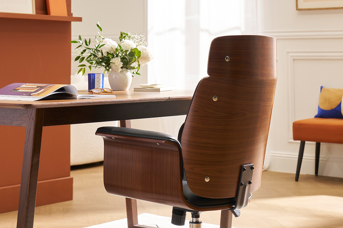 Fauteuil de bureau � roulettes design noir, bois fonc� noyer et acier chrom� ELON