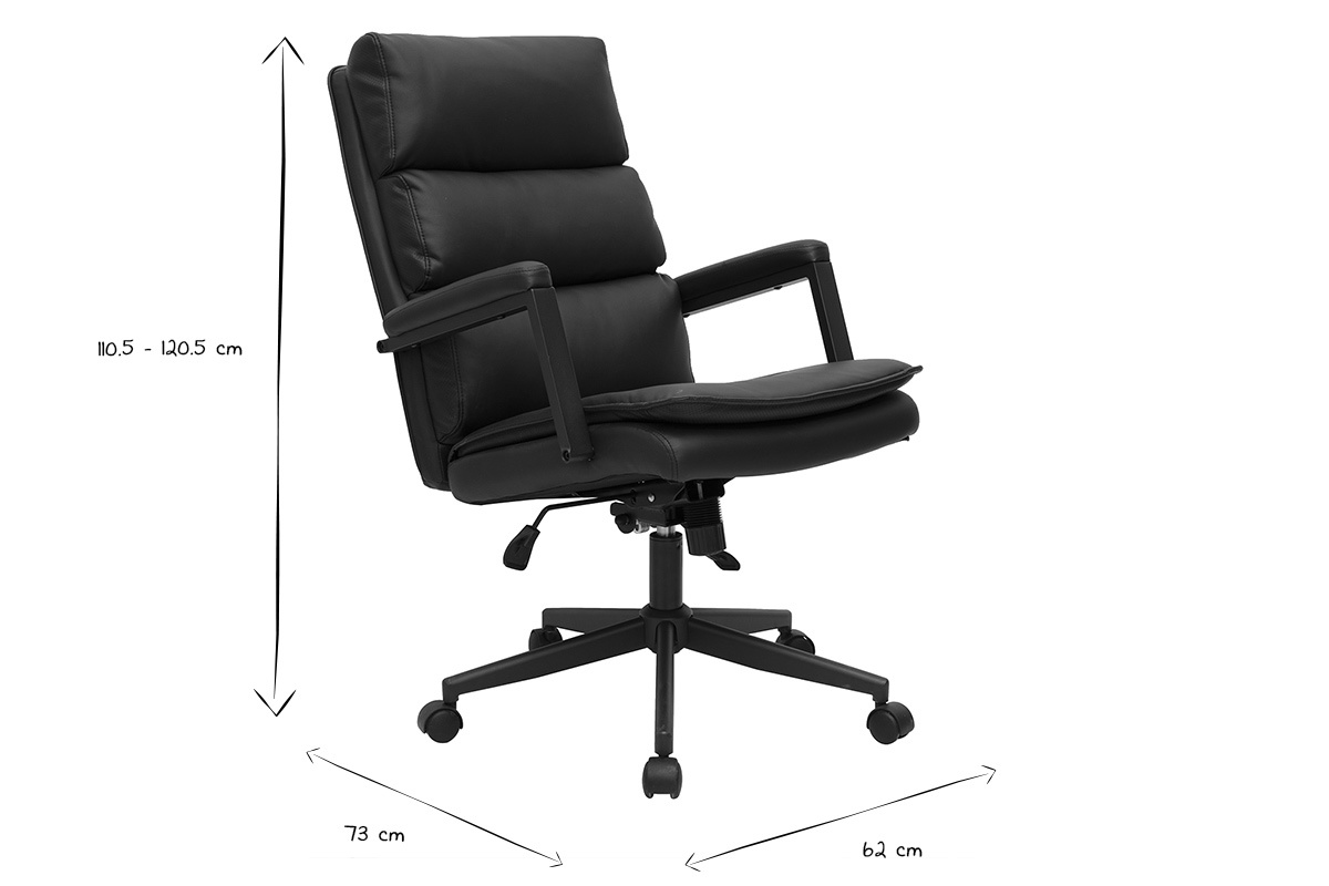 Fauteuil de bureau � roulettes noir SAEL avec dimensions en noir et blanc, vue de c�t�.