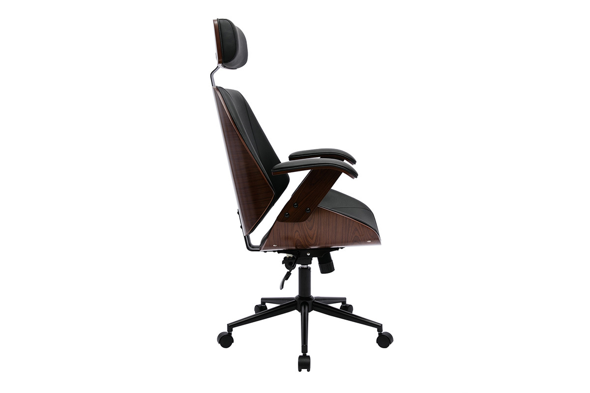 Fauteuil de bureau design noir, bois fonc�, m�tal noir, vue de c�t�.