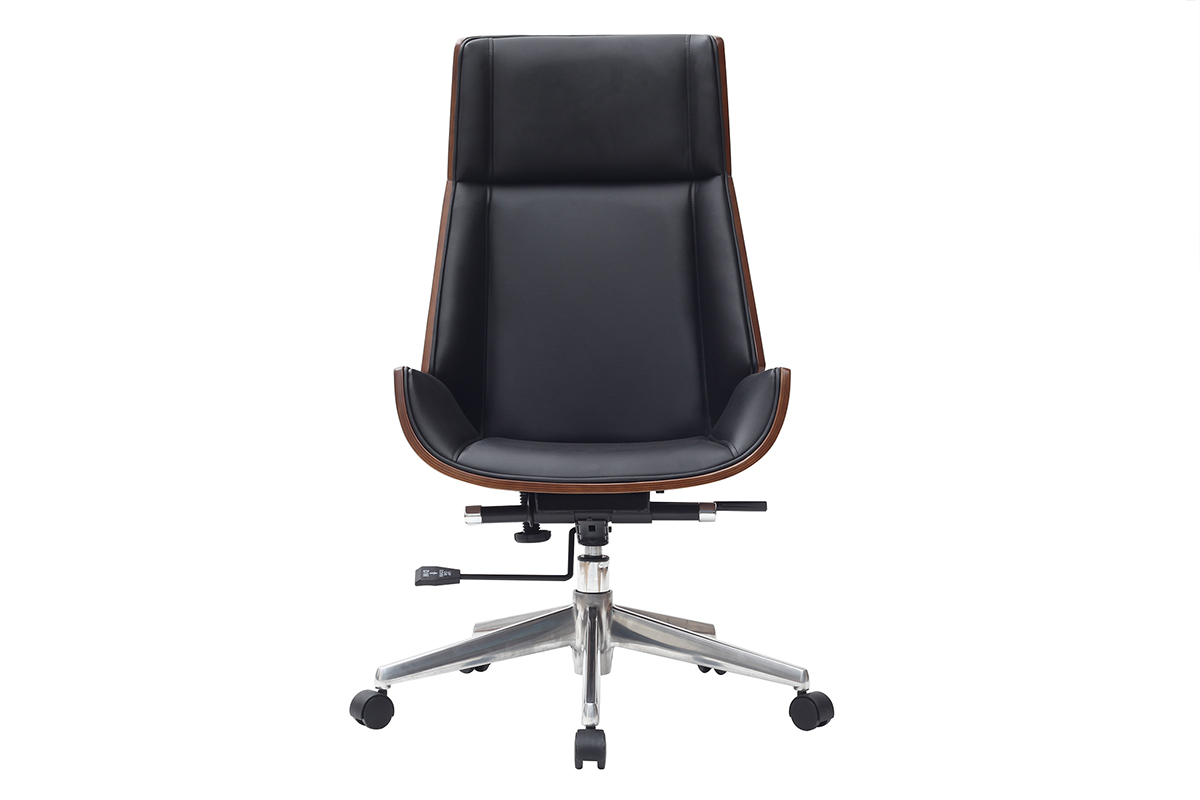 Fauteuil de bureau de direction design noir, bois fonc� noyer et acier chrom� CURVED