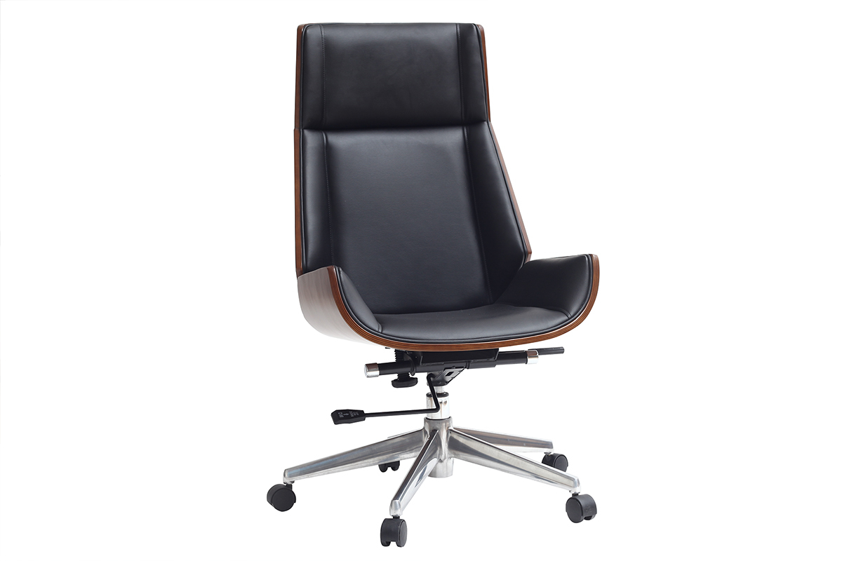 Fauteuil de bureau de direction design noir, bois fonc� noyer et acier chrom� CURVED