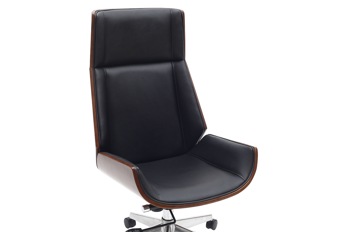 Fauteuil de bureau de direction design noir, bois fonc� noyer et acier chrom� CURVED