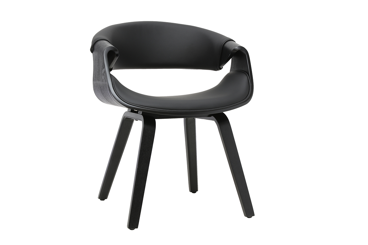 Fauteuil design noir et bois noir ARAMIS, vue de 3/4, avec accoudoirs et pi�tement en bois noir.