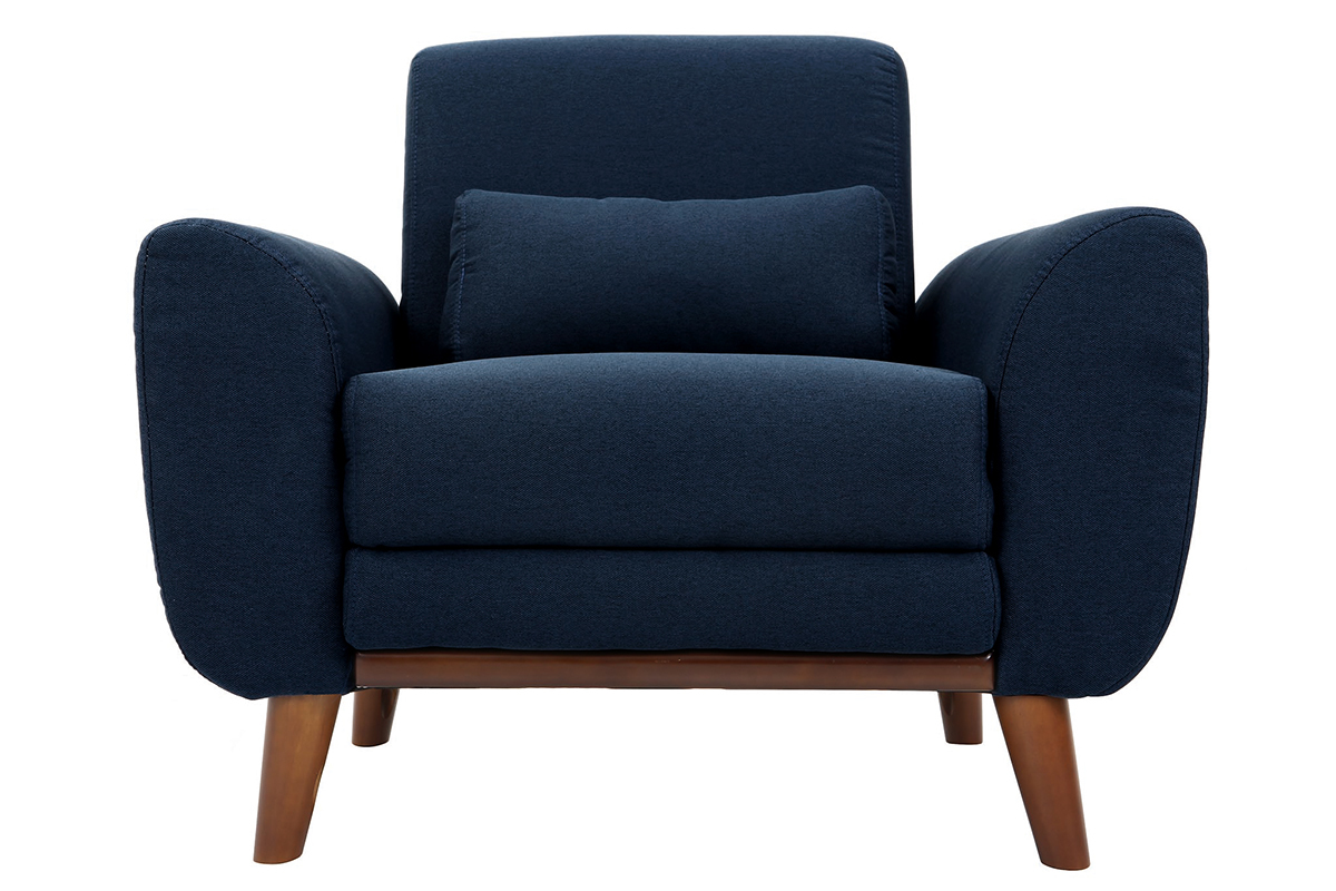 Fauteuil en tissu bleu fonc� et bois fonc� EKTOR