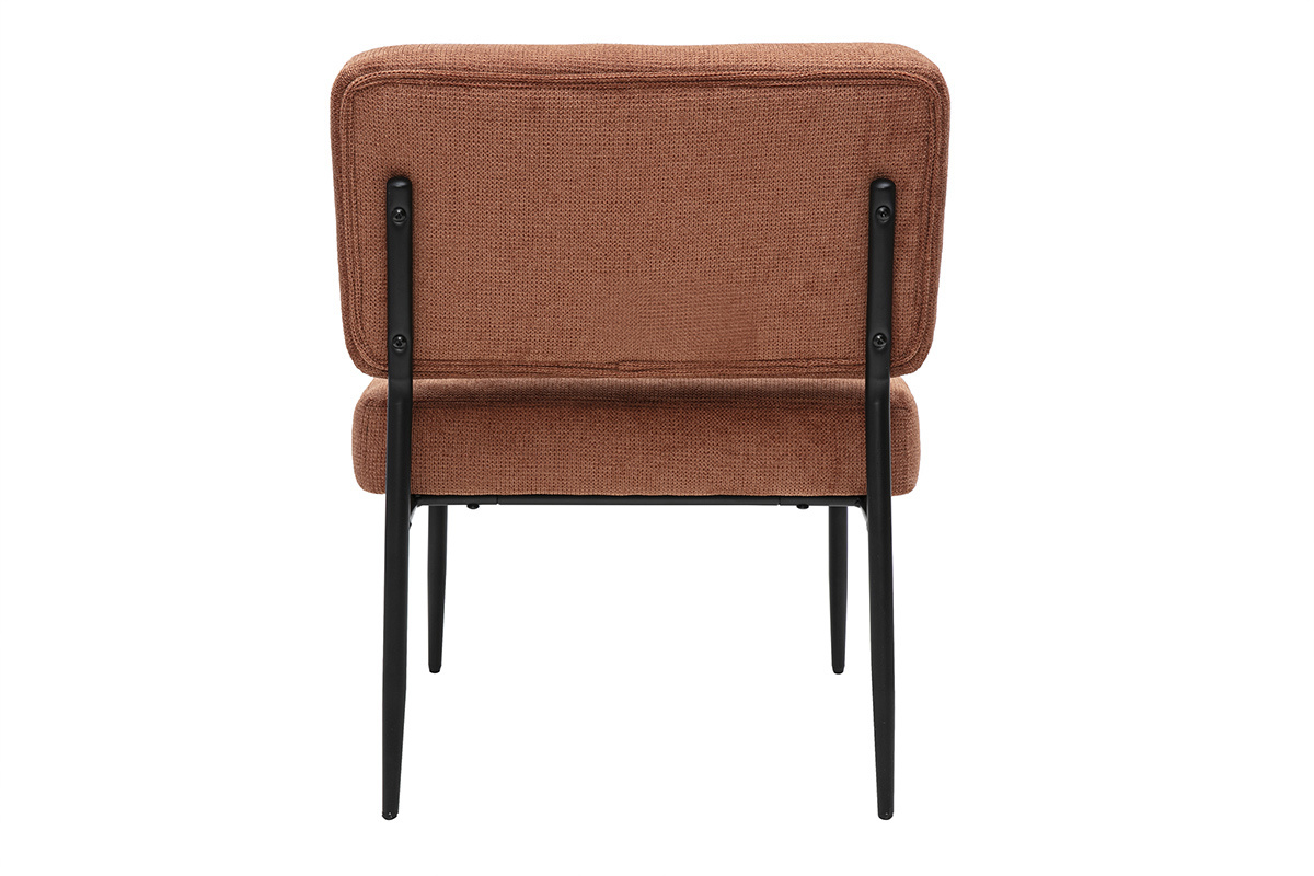 Fauteuil tissu velours textur� terre br�l�e, structure en m�tal noir, design �pur�.