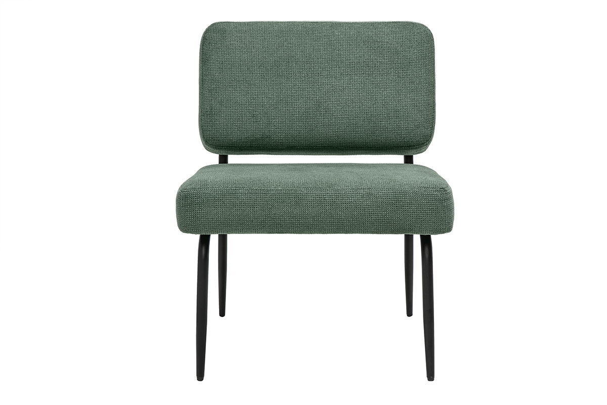 Fauteuil vert kaki effet velours, pieds m�tal noir, vue de face.