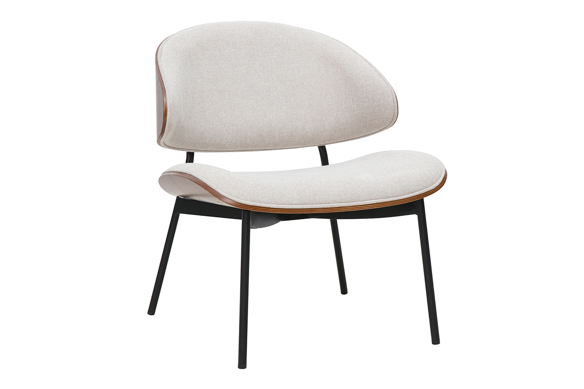 Fauteuil beige en tissu effet velours, bois fonc� et m�tal noir, vue de trois quarts.