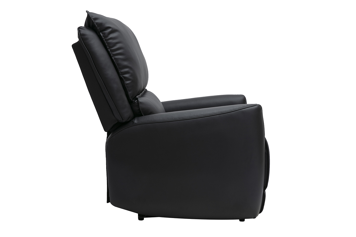 Fauteuil relax �lectrique noir RACHEL vue de profil, dossier inclin� et repose-pieds d�ploy�.