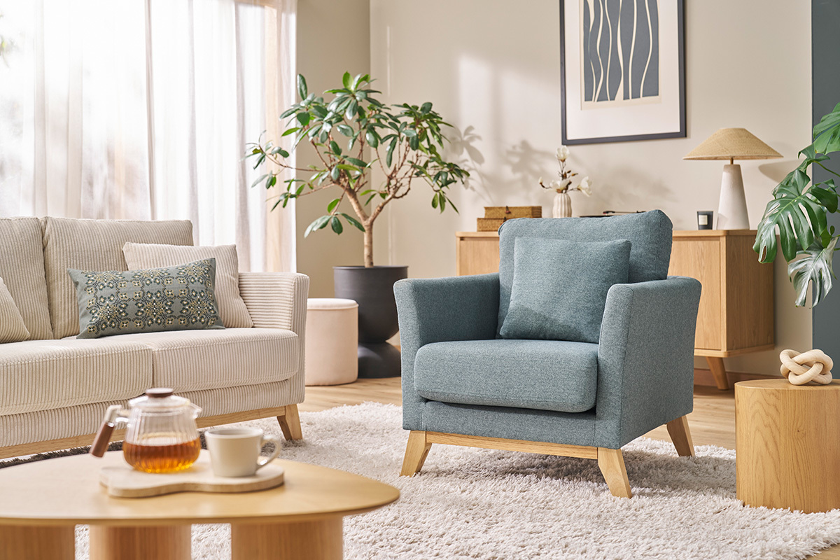 Fauteuil scandinave d�houssable en tissu vert de gris et bois clair OSLO