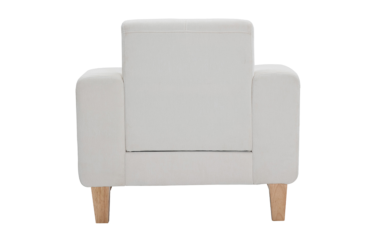 Fauteuil scandinave en tissu effet velours blanc cass� et bois clair FJORD