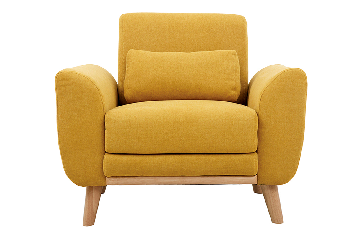 Fauteuil scandinave EKTOR en tissu velours jaune moutarde, accoudoirs ronds, coussin d'appoint, pi�tement en bois clair.