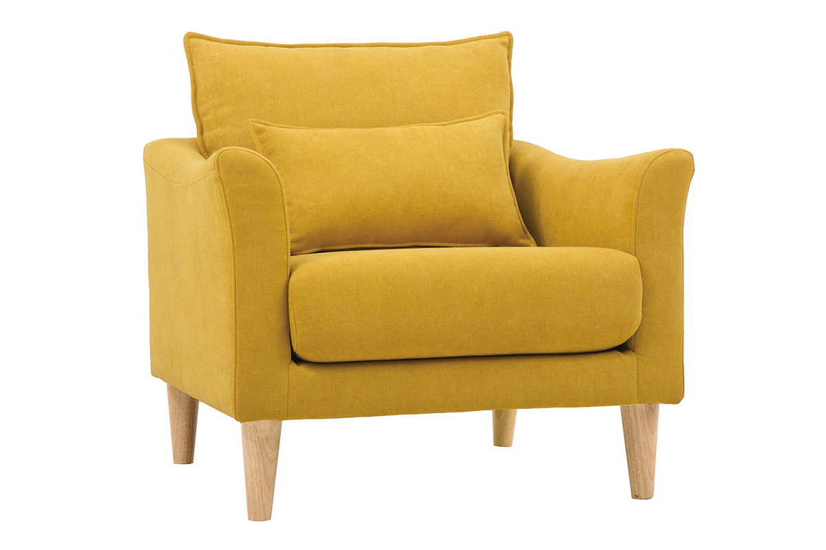 Fauteuil scandinave en tissu jaune moutarde avec coussin, pieds en bois clair, vue de 3/4.