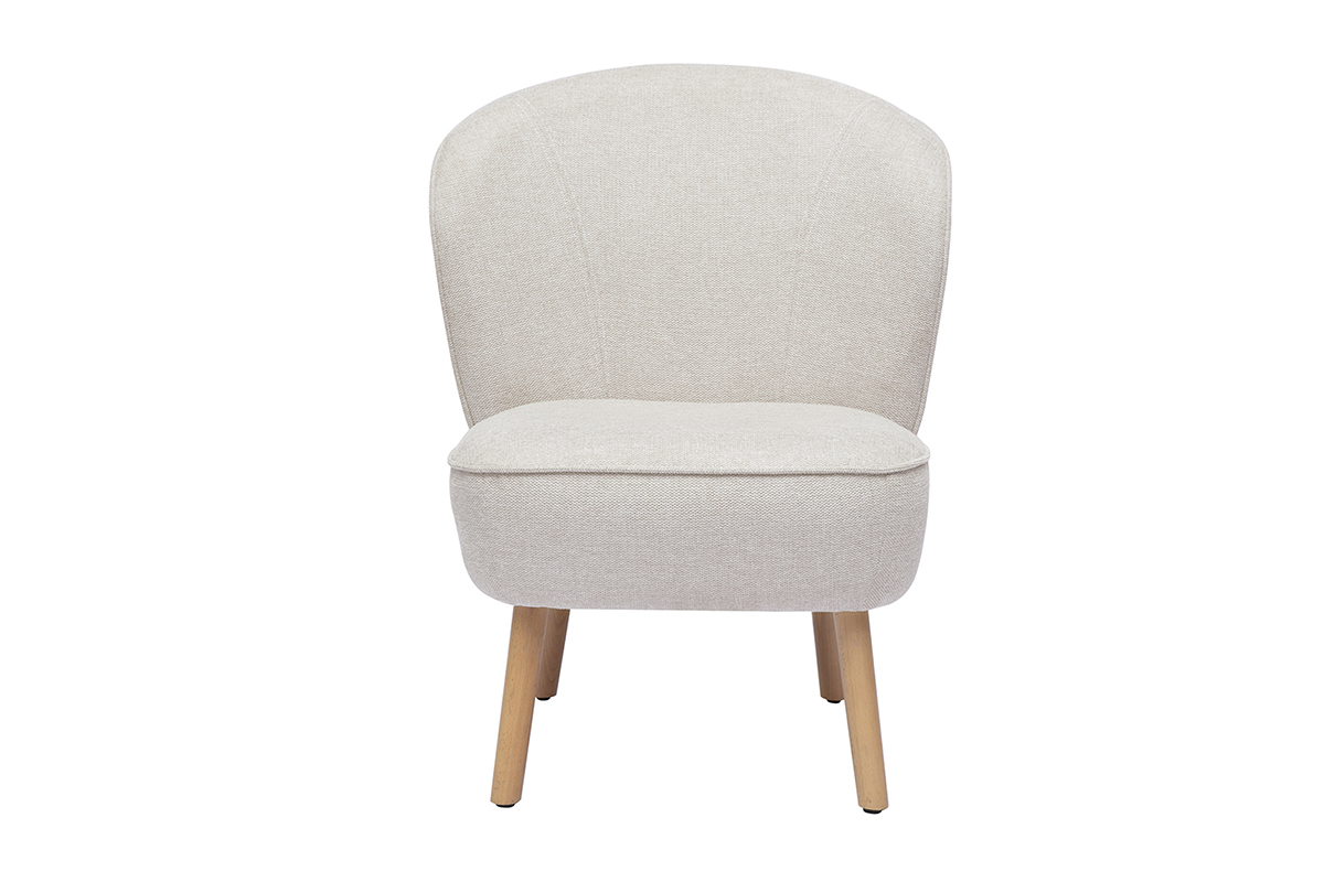 Fauteuil scandinave en tissu effet velours textur� beige et bois clair AMANITA