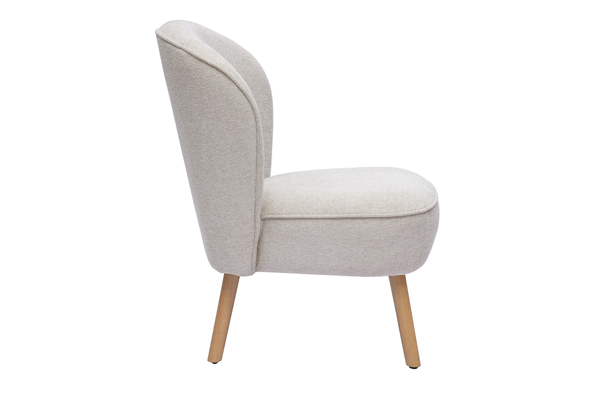 Fauteuil scandinave en tissu effet velours textur� beige et bois clair AMANITA