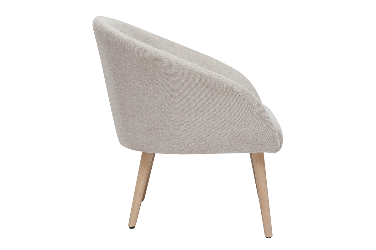 Fauteuil scandinave en tissu effet velours textur� beige et bois clair OLIVIA