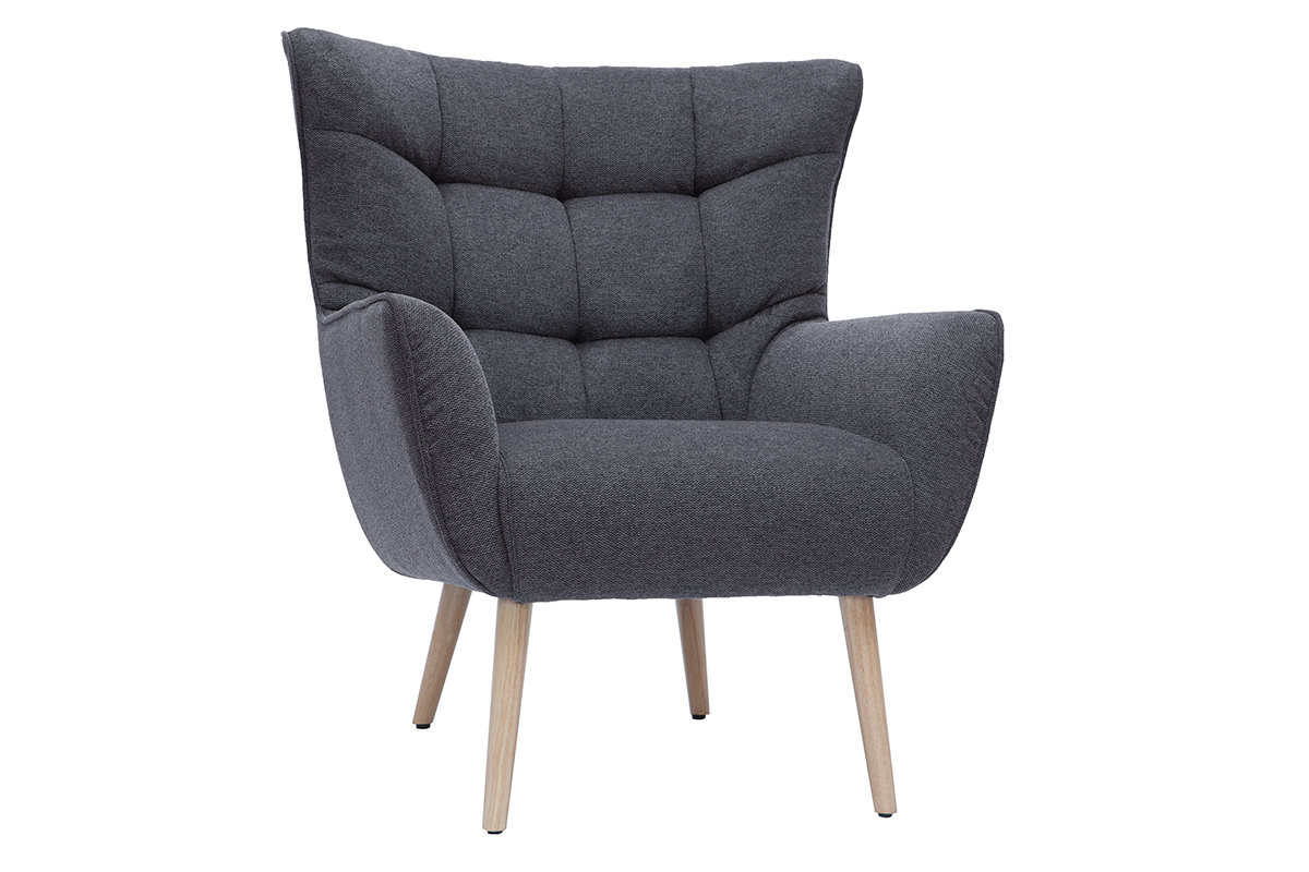 Fauteuil scandinave en tissu effet velours textur� gris fonc� et bois clair AVERY