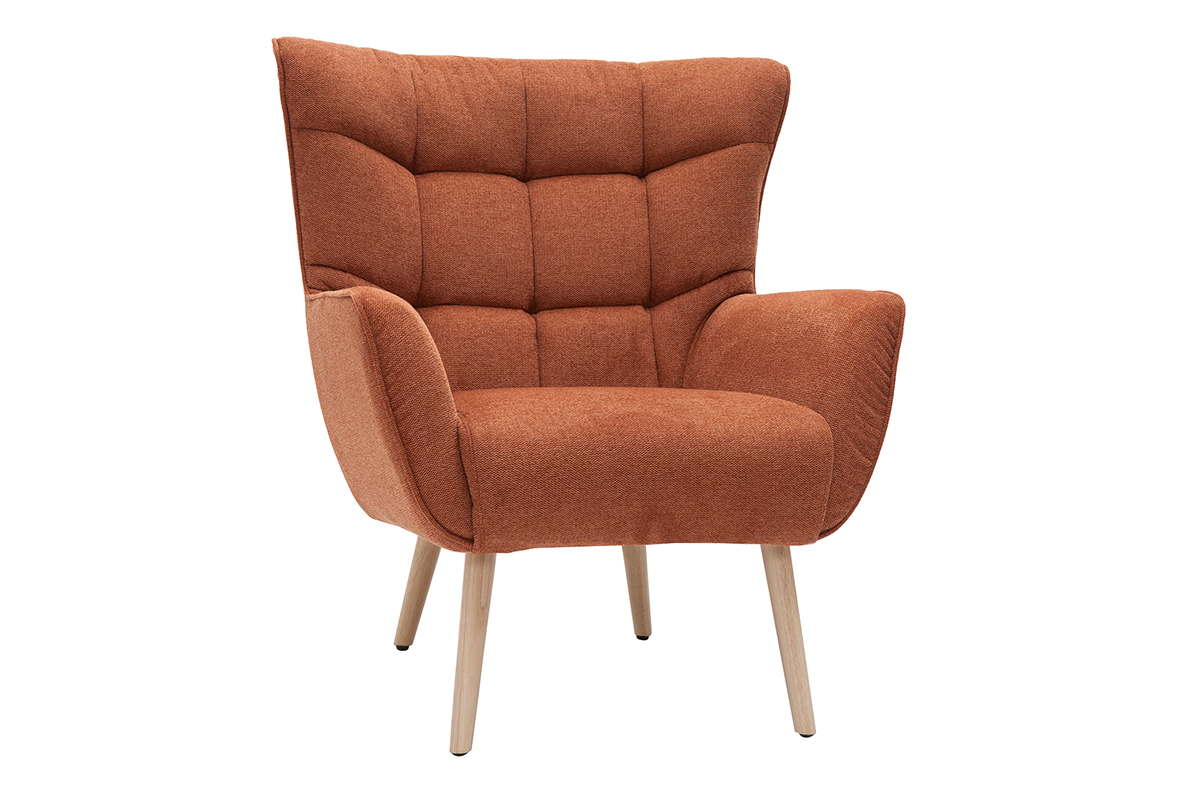 Fauteuil scandinave en tissu effet velours textur� terre br�l�e et bois clair AVERY