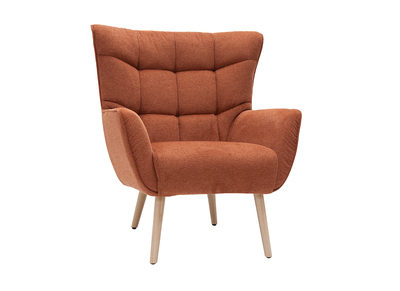 Fauteuil scandinave en tissu effet velours textur&eacute; terre br&ucirc;l&eacute;e et bois clair AVERY