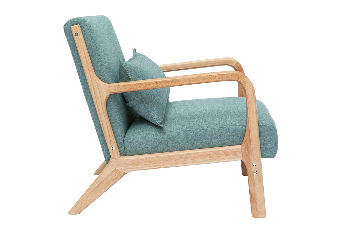 Fauteuil scandinave vert de gris en vue de profil avec structure en bois clair.
