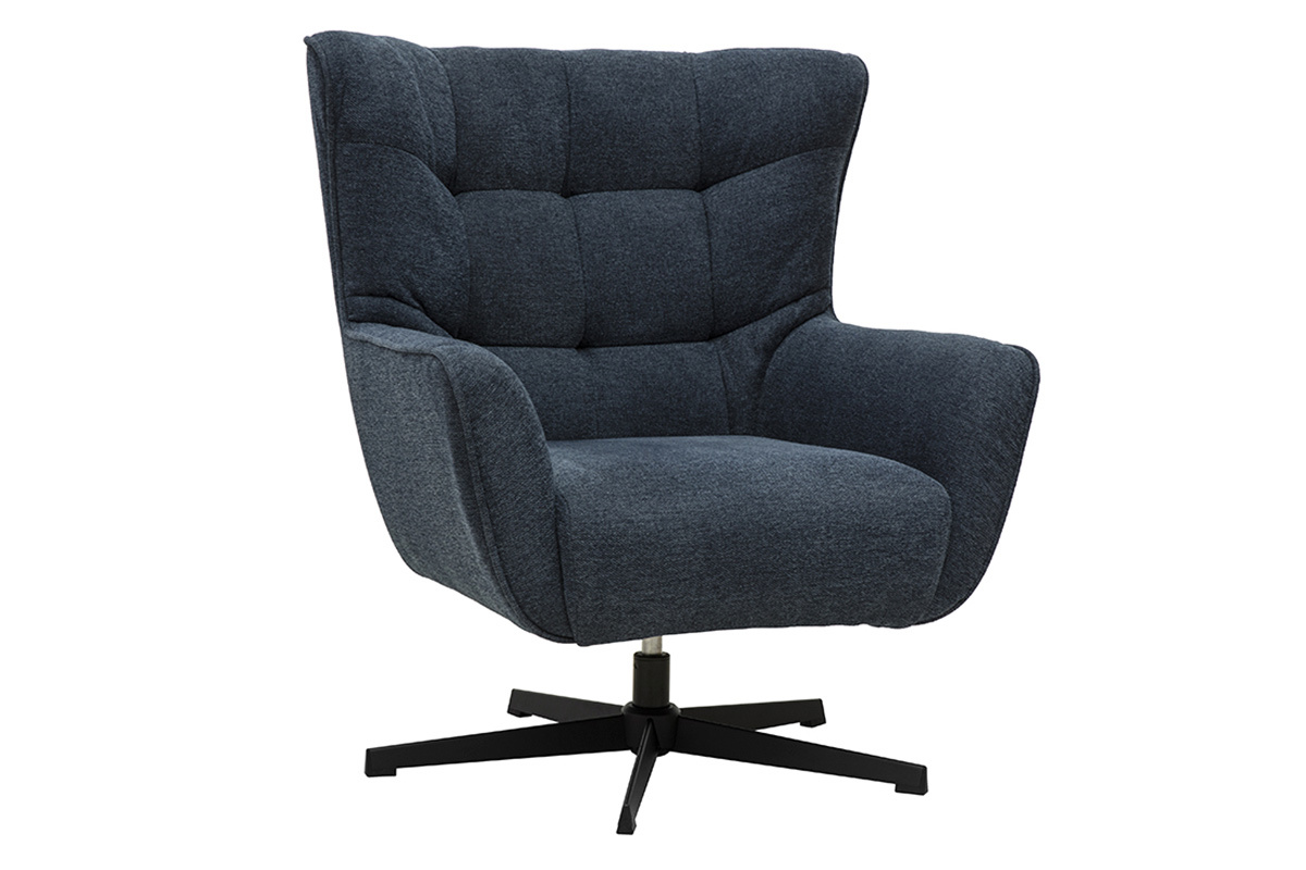 Fauteuil pivotant scandinave bleu fonc� en tissu textur� avec pieds en m�tal noir. Vue de trois-quarts.