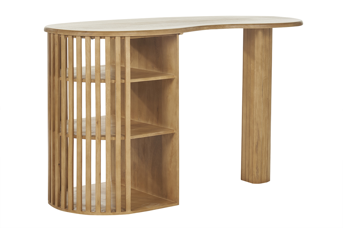 Table de bar en bois de manguier avec �tag�res, vue de 3/4.