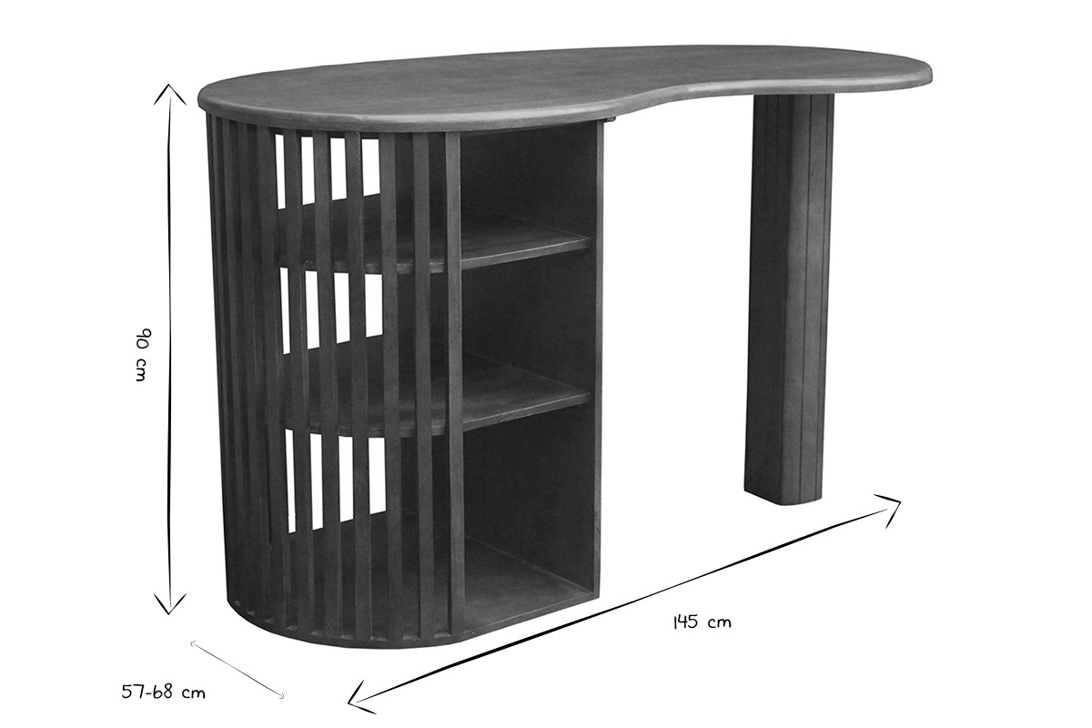 Dimensions de la table de bar LOBIO en noir et blanc, H90 cm, L145 cm, P57-68 cm.
