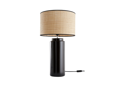 Lampe &agrave; poser en c&eacute;ramique &eacute;maill&eacute;e noire et abat-jour en raphia naturel H64 cm MAJES
