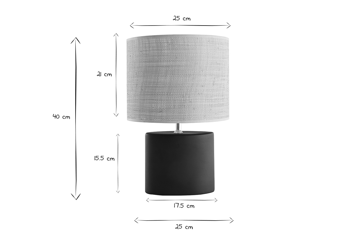 Lampe � poser en c�ramique noire mat et abat-jour en raphia naturel H40 cm TIGA