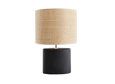 Lampe &agrave; poser en c&eacute;ramique noire mat et abat-jour en raphia naturel H40 cm TIGA