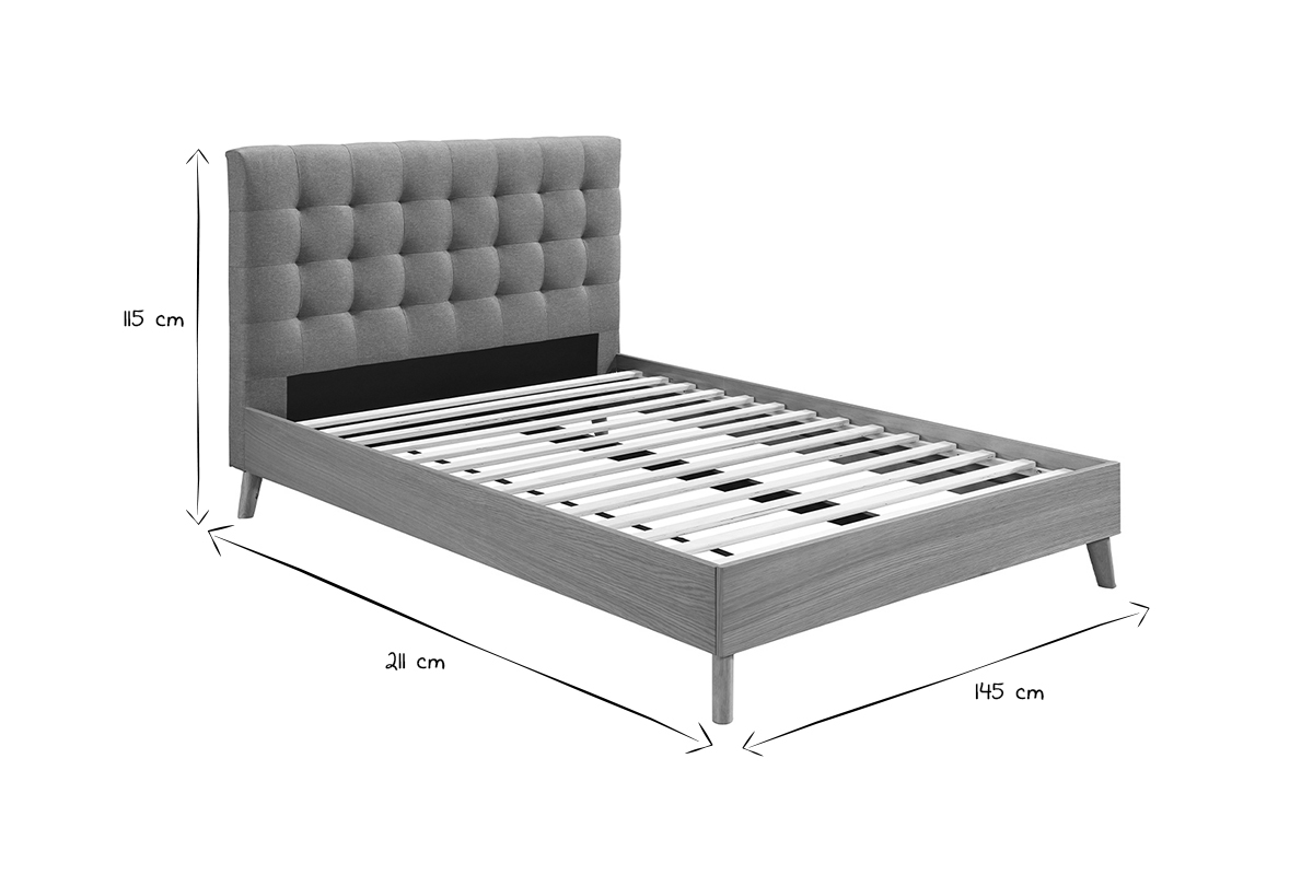 Lit 2 places 140x200cm en bois et tissu gris capitonn� LYNN